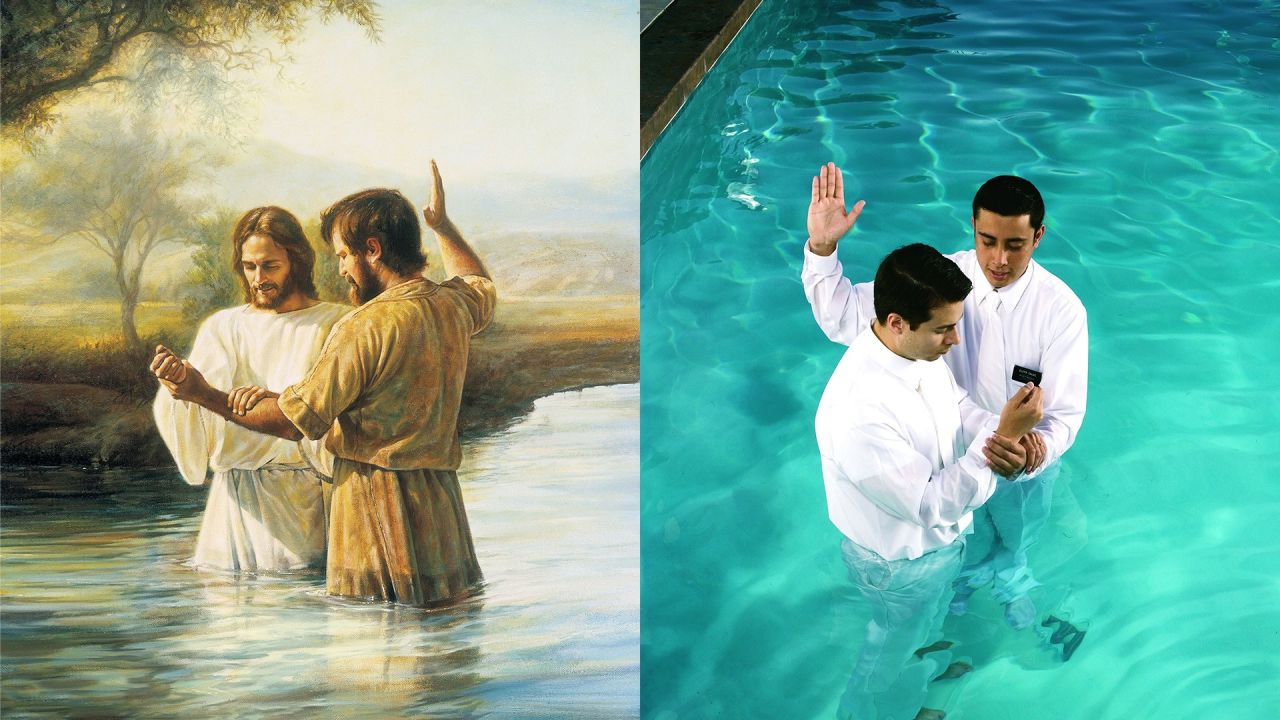 Une comparaison juxtaposée de Jésus se faisant baptiser et de quelqu’un se faisant baptiser en tant que membre de l’Église de Jésus-Christ des Saints des Derniers Jours